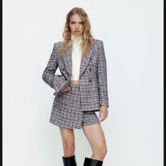 BNWT Zara Blue/Navy Textured Double Breasted Blazer & Skort Co Ord Set Size M - Picture 1 of 4